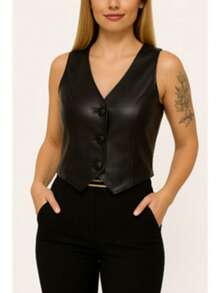 Short Social Leather Vest With Buttons, V-Neck, Sleeveless - 黑色 - 查看 3
