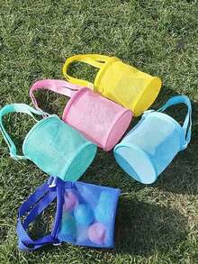 1 件圆柱形网状手提贝壳包，大容量沙滩玩具收纳袋，可调节背带和拉链夏季沙滩包，适合男孩女孩，款式随机 - 彩色 - 查看 9