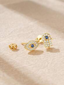 一对极简主义 S925 纯银方晶锆石恶魔手耳钉 - 金色 - 查看 5