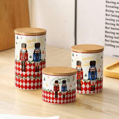 Zestaw 1 pojemników ceramicznych z hermetycznymi drewnianymi pokrywkami, unikatowy design, 3-częściowy pojemnik kuchenny do przechowywania z pokrywką, słoik do przechowywania żywności z hermetycznymi pokrywkami na mąkę, cukier, kawę, herbatę i przyprawy – nowoczesny wystrój blatu