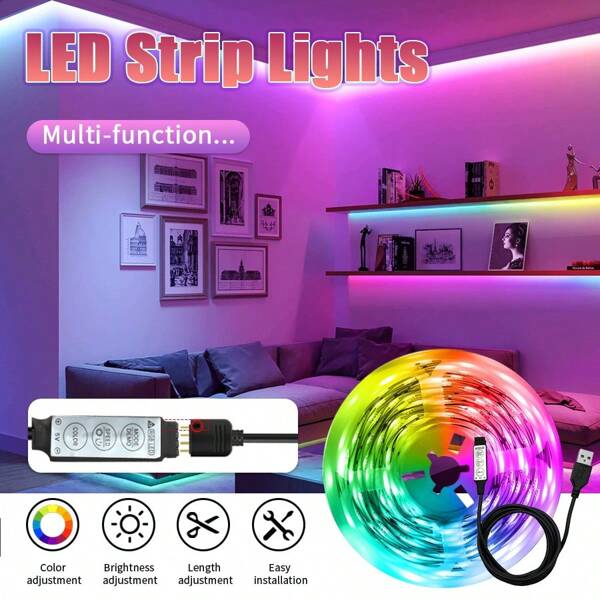 1pc, 3-Button Control Multi-Color LED Strip Light, USB Powered, Various Lengths, Non-Waterproof, Suitable For Bedroom, Living Room, Party, Hotel, Eave, Roof And Other Background Decoration