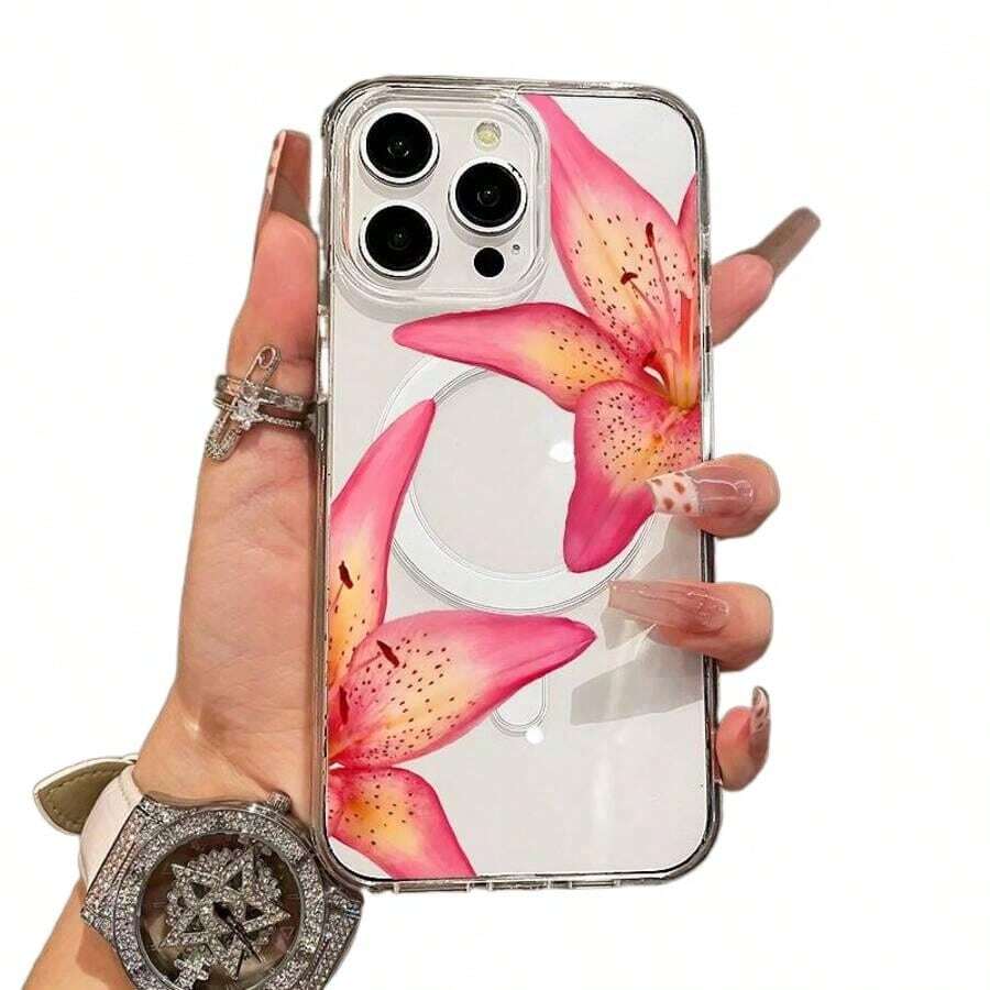 Funda para teléfono 1PC Magnético Suave 16/11/12/13/14/15/16E/ S22 S23 S24 S25,CON FLORES - transparente - Ver 1