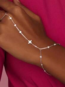 1 pièce Chaîne pour la main avec hexagone orné de strass couleur argent pour femme, accessoire de bijouterie mode pour soirée et banquet