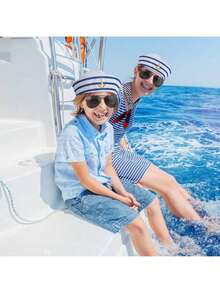 蓝白条纹船长帽水手帽围巾套装，男女通用海军服装，适合派对舞台表演、护士帽、贝雷帽万圣节