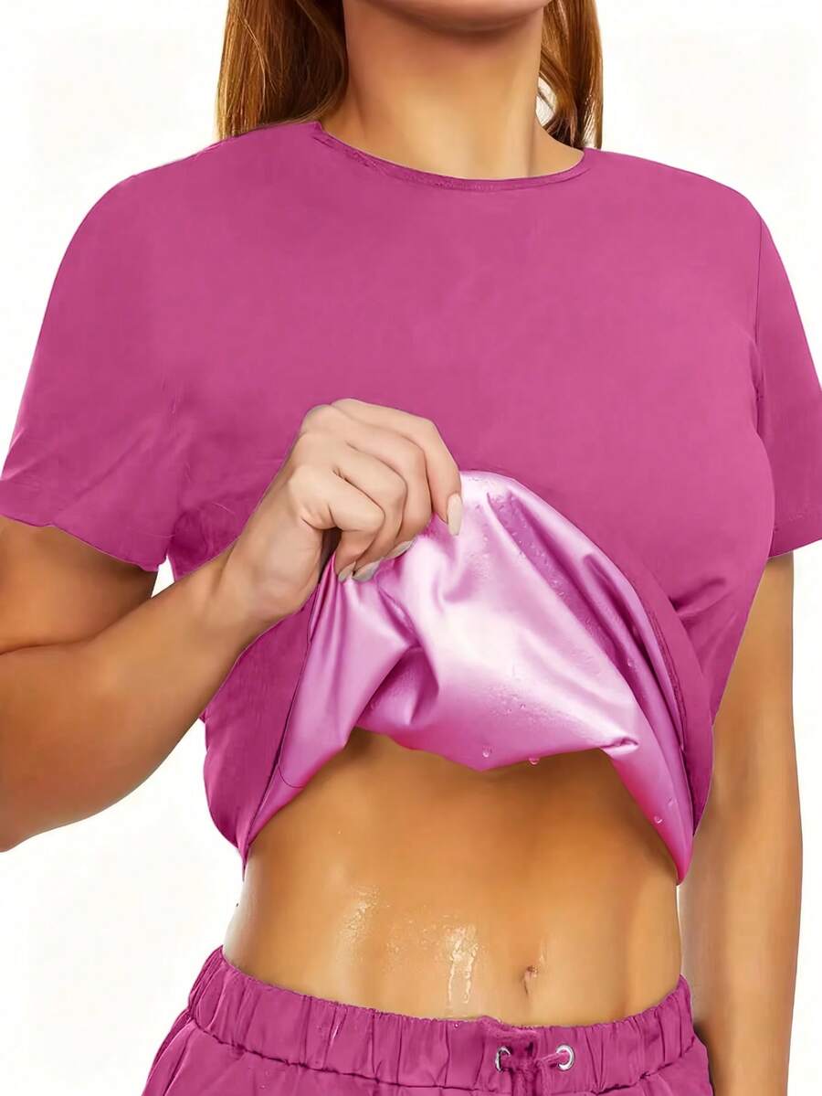 Plus Size Women's Sweat Enhancing Crew Neck Sweat Shirt, Suitable For Gym And Yoga, Running, Workout - Hot Pink - View 1