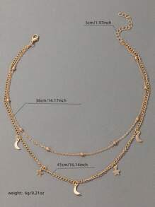 1pc Women Fashion Necklace With Star & Moon Pendant, Double Layer Simple Geometric Beaded Choker Necklace