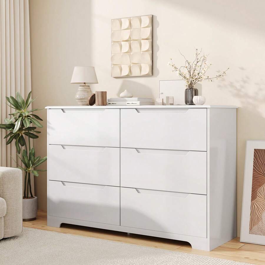6 Drawer Dresser For Bedroom, Modern Wood Chest Of Drawers With Cut-Out Handles, Accent Cabinet With Wide Double Drawers For Living Room, Entryway,White - 白色 - 查看 1