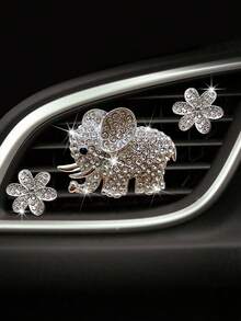 3件/6件水钻大象和6瓣花出风口夹汽车装饰精油扩散器 - 金色 - 查看 1
