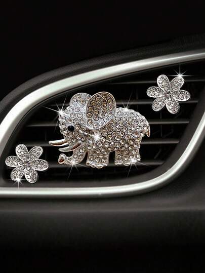 3pcs/6pcs Full Rhinestone Elephant & Hexagon Flower Car Air Vent Fragrance Clip Decorations