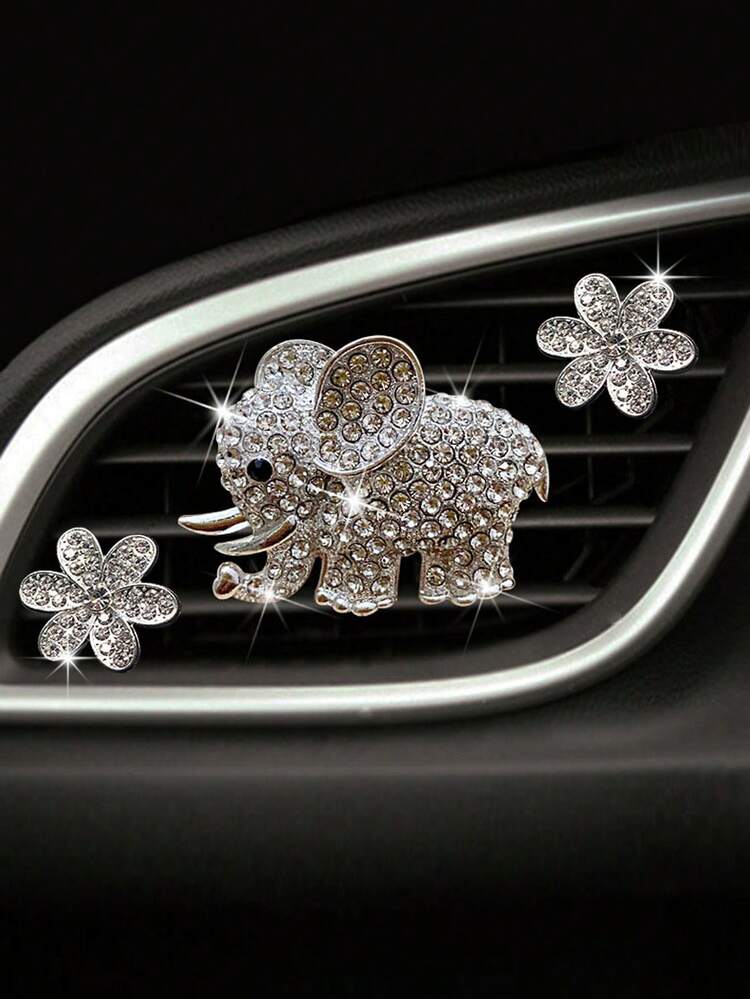3件/6件水钻大象和6瓣花出风口夹汽车装饰精油扩散器 - 金色 - 查看 1