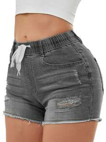 Women's Pocket Distressed Elastic Waist Drawstring Denim Shorts - Light Grey - View 5