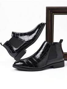 Men's Retro Fashionable Glossy Embossed Crocodile Leather High-Top Pointy-Toe Chelsea Boots With No Laces, Low Heel, Dress Business/Work, Suitable For Autumn/Winter, Yellow-Brown, Black, Grey PU Leather