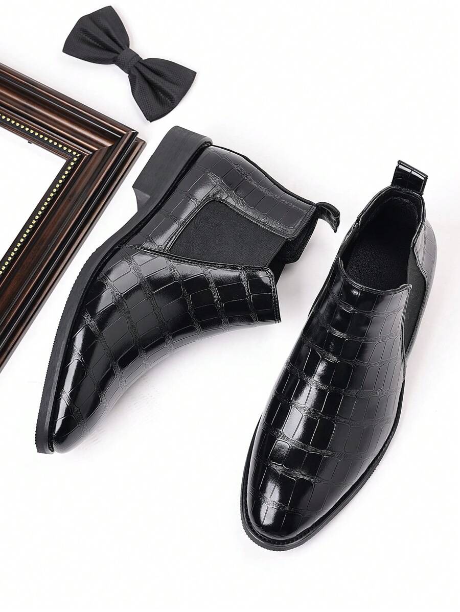 Men's Retro Fashionable Glossy Embossed Crocodile Leather High-Top Pointy-Toe Chelsea Boots With No Laces, Low Heel, Dress Business/Work, Suitable For Autumn/Winter, Yellow-Brown, Black, Grey PU Leather