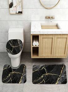 3 Pieces Flannel Gold Marble Pattern Toilet Set Including Bath Mat, U-Shaped Mat, Toilet Lid Cover, Machine Washable, Suitable For Bathroom, Restroom, Living Room, Home Use Back To School