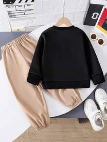 青少年男孩熊图案保暖圆领运动衫和梭织长裤套装 - 黑色 - 查看 2