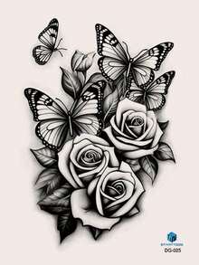 1 pieza Tatuaje temporal grande con diseño de rosa negra y mariposa para brazos, pecho, abdomen, espalda - Negro - Ver 1