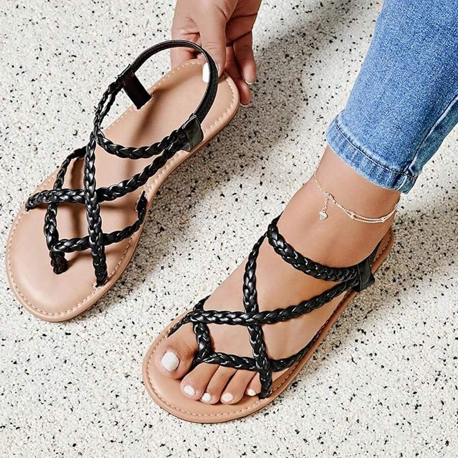 Women's Wide Width Flat Sandals, Flip Flop Casual Slip On Strappy Sandals Summer Beach Shoes For Women. - 黑色 - 查看 1