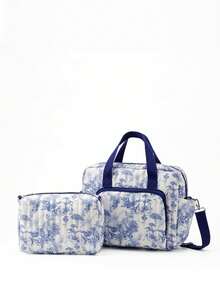 Floral Quilted Multi-Function Shoulder Diaper Bag, Large Capacity Mommy Tote Handbag With Side Pockets, Convenient For Travel With Baby Carriage - Multicolor - View 13