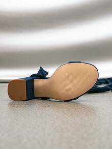 Women Nude Color High Heel Strappy Sandals, Chunky Heel Round Toe Criss-Cross Strap Sandals, Chunky Heel Nude Lace-Up Sandals, Bowknot Strap Sandals, Lace-Up Ankle Strap Sandals, Wedding Guest Sandals, Summer Beach High Heel Sandals, Minimalist Nude High Heels - Navy Blue - View 7