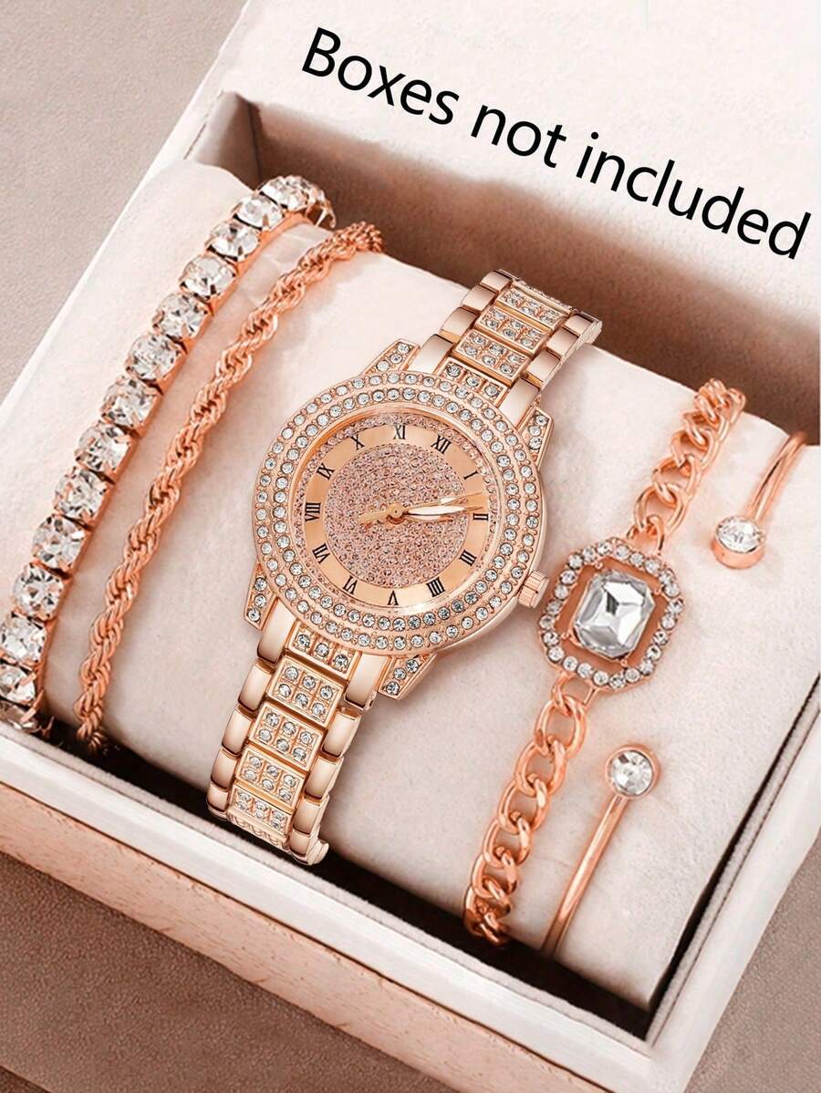 JasonRolls 5 Stück/Set Damen Rosegold-Ton Band Mode Luxus Römische Ziffern Quarz Armbanduhr Schmuckset, geeignet für täglichen Tragen, Dekoration oder Urlaubsgeschenk - Roségold - Übersicht 1
