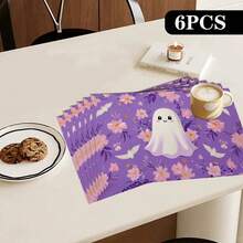 4/6pcs Halloween Ghost, Pumpkin, Bat Print Placemat Set, Woven Polyester Rectangle Tablecloths, Hand Wash Only, Kitchen & Home Decor, Indoor Outdoor Dining Decor - Multicolor - View 13