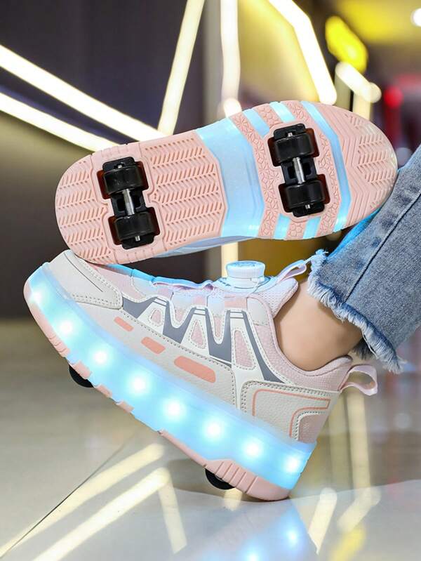 Kids Four-Wheel Heelys, Girls Roller Skate Shoes, Teenage Roller Shoes, Double Row Leather Breathable Wheel Shoes, Rotatable Buckle LED Light Up, USB Rechargeable, Light Switch, Detachable Wheels 2-In-1 Shoes, Girls Roller Skating Shoes With Wheels