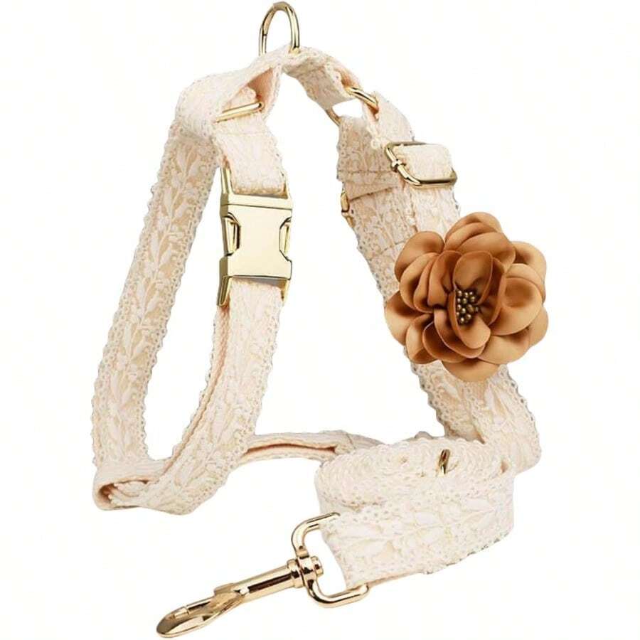 White Dog Harness And Leash Set Adjustable Lace Harness For Girl Dogs Luxury Dog Harness No Pull With Handle Bow Flowers For Easy Dog WalkingSRR8 - BeigeHarnessSet - View 1