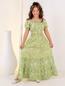 Children's Long Dress Party Elegant Youth Printed Flowers 3 Marias - 薄荷綠 - 查看 2