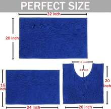 Royal Blue Chenille Bath Mat Set, 3 Piece, High Pile, Tufted, Machine Made, Non Slip, Absorbent, Fluffy, Washable, Bathroom - Blue - View 5