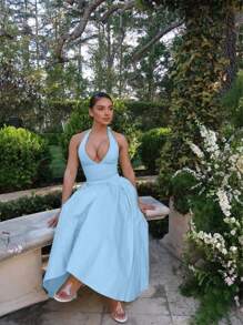 Vestido elegante y sexy de vacaciones, con abertura y nudo en el cuello, plisado para mujer, para primavera/verano