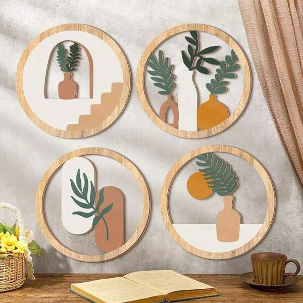 4 décorations murales de salle de bain bohèmes, panneaux de bois creux suspendus bohèmes, décoration murale de chambre à coucher, salon, bureau avec feuilles abstraites de style ferme