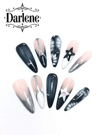 10-Piece 3.3 Thin High Heel Nails Art, Hand Painted With Bows, Small Hearts, And Stars, Decorated With Bowknots, Faux Pearls, And Gradient Effects. Simple Yet Personalized, Elegant And Versatile, Perfect For Parties And Reusable.