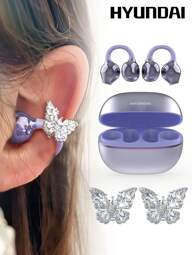  HYUNDAI EarclipC7 modische Bluetooth-Ohrhörer mit Schmetterling-Ohrhörer-Zubehör, Clip-On-Ohrhörer für Sport, Musik, Gaming, geringe Latenz, hochwertige Anrufe mit Mikrofon, lange Akkulaufzeit, IP45 wasserdicht, bequemes Tragen, ohne Ohrlochstechen, modisches Ohrring-Accessoire, Geschenk für Frauen