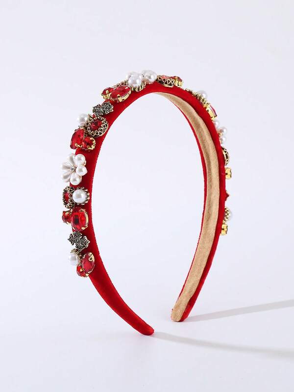 1 szt. Damska opaska na głowę w stylu retro z aksamitu w stylu barokowym, luksusowa ozdoba z pereł i kamieni szlachetnych, ekskluzywny formalny dodatek do włosów na bal, opaska do włosów, diadem, obręcz do włosów, opaska do włosów dla kobiet