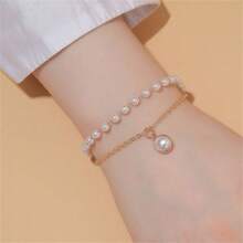 1pc Versatile Pearl Decor Double Layer Chain Pendant Bracelet For Women, Commuting, Daily, Dating
