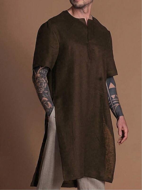 Men's Casual Long T-Shirt, Solid Color, Soft Woven Fabric, Minimalist Elegant Design Suitable For Outings, Outdoor Activities, Commuting, Versatile, Style, Essential Men's Short Sleeve Robe