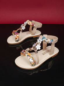 1 双加大码女童时尚凉鞋，彩色编织面料，闪亮水钻扣，花卉装饰，弹性踝带，圆头，防滑，轻质鞋底，可爱的罗马风格沙滩凉鞋，适合 3-15 岁学生，日常、派对、旅行、夏季