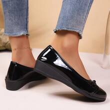 Glossy Platform Fashion Flats, Bowknot Low Heel Slip-On Loafers, Casual Shoes For Teenagers - Black - View 4