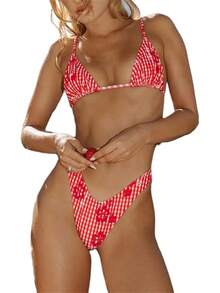 Alyweatry Women Y2K Bikinis Sets Coquette Aesthetic Bows Halter Tie Up Bikini Top High Cut Elastic Waist Bikini Bottom - 紅色格子花卉印花 - 查看 1
