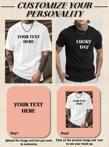 Customized Text Printing White Summer T-Shirt For Men, Personalized Text/Name/Message/Interesting Text/Blessing T-Shirt, Holiday Gift, Anniversary Gift, Music Festival, Gift For Him, Men's Loose Fit Round Neck Short Sleeve T-Shirt, Party Wear, Men's Short Sleeve Tee, Men's Summer Top, Men's Summer T-Shirt