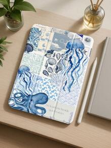 Ocean Beautiful Pattered Sword Castle Pattern Transparent Silicone Shock-Absorbing Stand With Pen Slot, Suitable For Galaxy Tab A8 10.5, S6 Lite 10.4, S7/S8/S9Inch. It Supports Sleep Awakening As A Holiday Gift