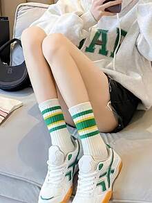 1/3/5/7/10 双条纹图案女士中性情侣运动袜中筒袜春夏节日礼物，秋季袜子 - 彩色 - 查看 3
