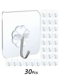 30pcs Transparent Stainless Steel Strong Multi-Functional Sticky Hooks Self Adhesive Hooks Key Storage Hanger For Kitchen Bathroom Door Wall
