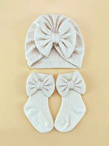 2件套新生儿弹力提花发带帽+袜子套装，0-6个月婴儿蝴蝶结襁褓帽可爱柔软婴儿帽头饰套装 - 彩色 - 查看 7