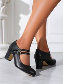 Autumn/Winter Wedding Casual Fashion High Heel Mary Jane T-Strap Shoes, Thick Heel Formal Dress Pumps, Velvet Surface Work Office Shoes, Outdoor Women High Heels (Please Check Foot Length, Palm Circumference Parameters Before Purchasing) - 黑色 - 查看 5