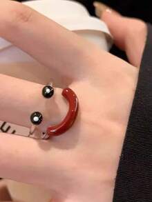 1 件甜美酷炫时尚双层开口戒指，带笑脸，适合日常佩戴 - 銀色 - 查看 4