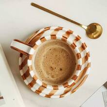 Classic Striped Ceramic Coffee Cup & Saucer Set, Nordic Minimalist Retro Homestyle Water Mug, Office Use Latte, Coffee Cup, Cold Brew Tea Cup, Suitable For Middle Eastern Tea, Arabic Coffee, Large Capacity American Coffee Mug, Great Gift For Friends And Relatives