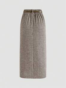 Women's Houndstooth Pattern Skirt, Fashionable Versatile Elegant Loose Fit Slimming - Màu nâu - Xem 3