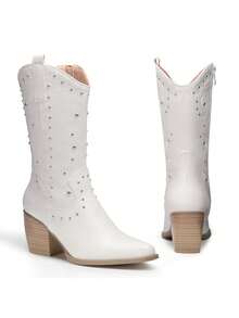 Women's Comfortable Western Boots Waterproof Cowboy Cowgirl Pull-On Mid Calf Boots Stylish And Beautiful Party Dressing Boots For Ladies - White - View 6