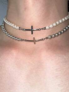 2 件/套耶稣升天日多层链条项链套装，银色金属材质镶嵌黑色锆石，男女皆宜的哥特式风格，适合派对和日常佩戴 - 銀色 - 查看 7